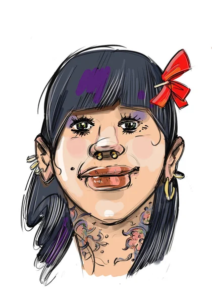 Ilustracja Fajnej Dziewczyny Czerwonym Łukiem Tatuażami Białym Tle — Zdjęcie stockowe