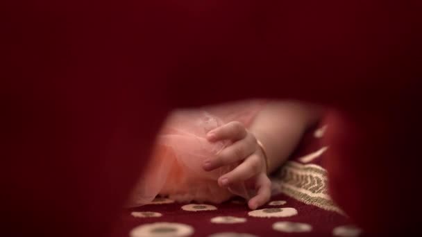 Selective Focus Newborn Baby Hand Lying Bed Shot — Stockvideo