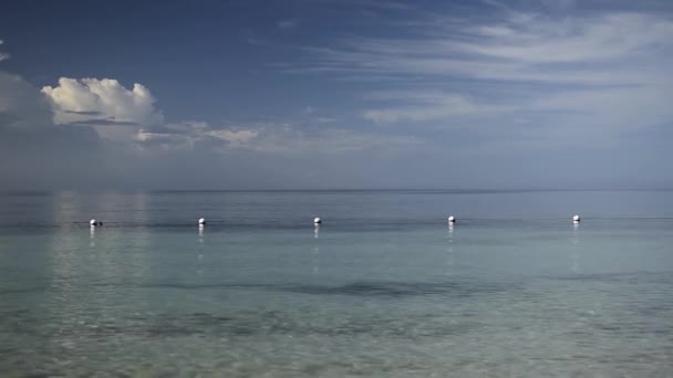 Bred bild av en liten holme på kroppen av havet i fjärran under en klarblå himmel — Stockvideo