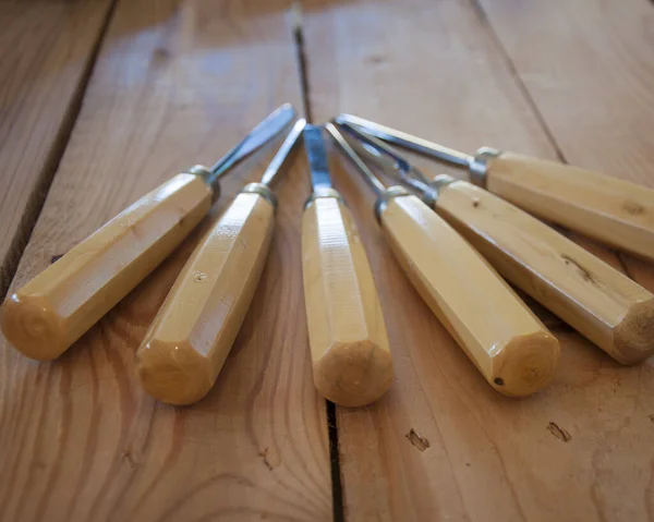 Selective Focus Shot Wooden Handles Gouges — Stock Photo, Image