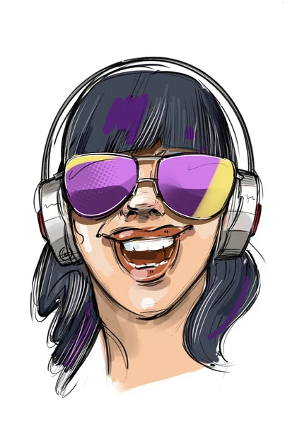 Illustration Laughing Cool Girl Sunglasses Headphones White Background — Stock Photo, Image