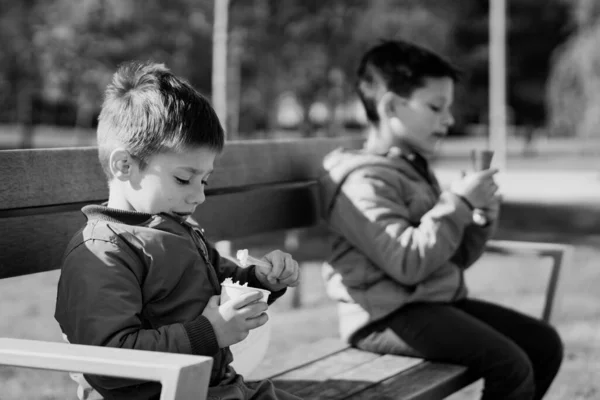 Ποζναν Πολωνια Μαΐου 2021 Δύο Νεαρά Αγόρια Τρώνε Παγωτό Ενώ — Φωτογραφία Αρχείου