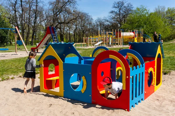 Poznan Poland May 2021 Children Playing Colorful Equipment Different Obstacles — 스톡 사진