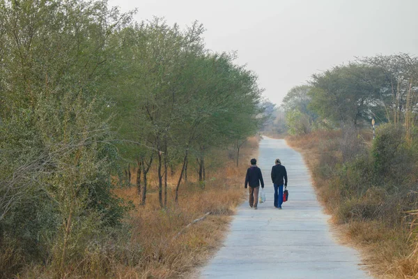 Aravali Bir Yolda Yürüyen Iki Kişi Var Biyolojik Park Gurgaon — Stok fotoğraf