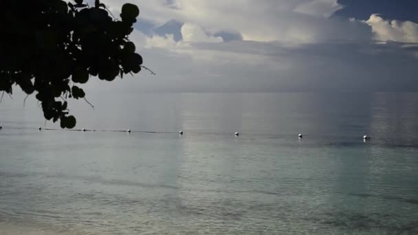 Bred bild av en liten holme på kroppen av havet i fjärran under en klarblå himmel — Stockvideo