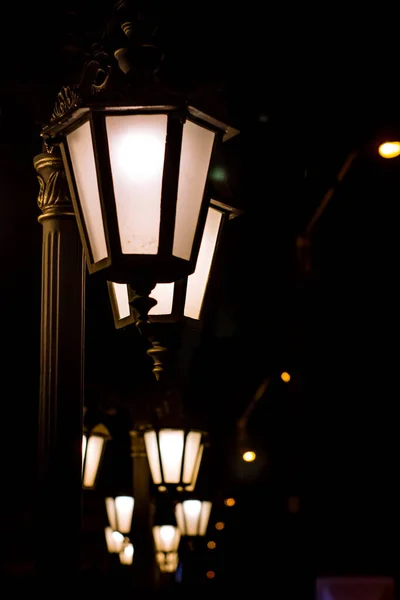 Closeup Lighted Lamp Posts Night — Fotografia de Stock