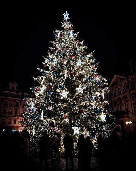 Vertical Shot Illuminated Decorated Christmas Tree City — Photo