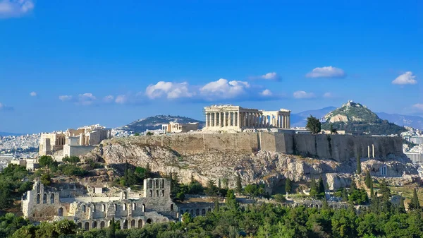 View Parthenon Temple Odeon Herodes Atticus Acropolis Hill Athens Greece — Fotografia de Stock