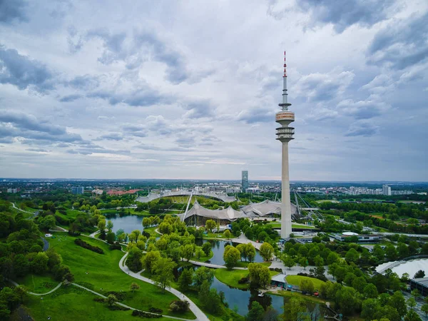 Munich Alemanha Maio 2021 Vista Aérea Parque Olímpico Munique Drone — Fotografia de Stock