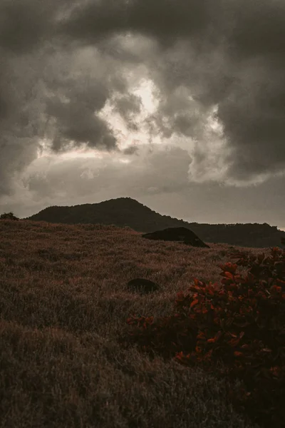 Pionowe Ujęcie Górskiego Krajobrazu Cieżkimi Chmurami Niebie — Zdjęcie stockowe