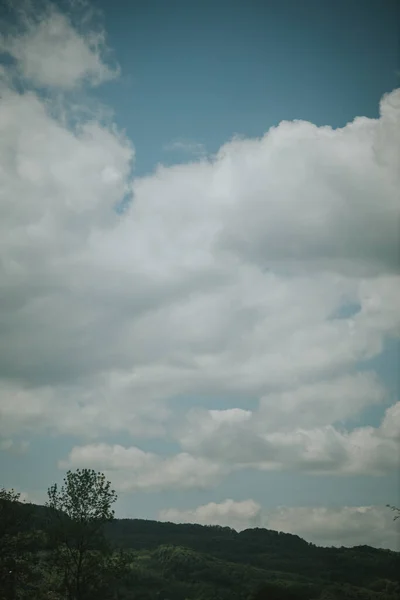 Tiro Vertical Céu Bonito Com Nuvens Fofas Acima Prado — Fotografia de Stock