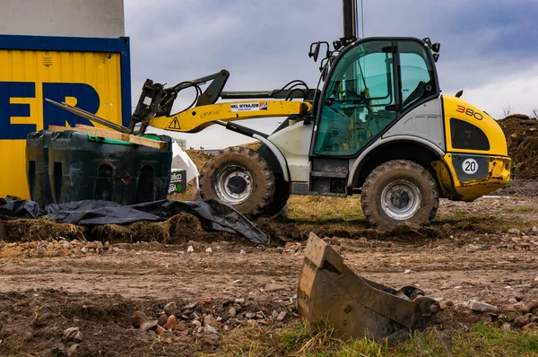 Poznan Polonia Enero 2018 Pequeña Excavadora Una Pala Suelta Área — Foto de Stock