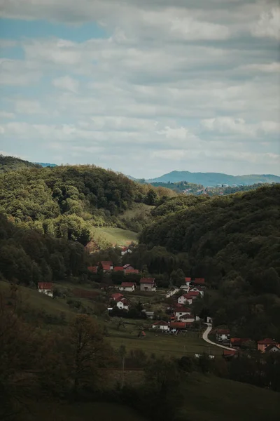 Eine Vertikale Hochwinkelaufnahme Von Wäldern Und Wiesen Unter Einem Schönen — Stockfoto