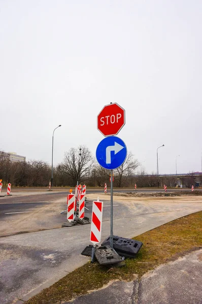 Poznan Poland Apr 2016 Stop Sign Road Construction Stare Zegrze — стокове фото