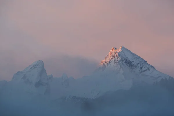 Pasmo Górskie Watzmann Wschodzie Słońca Zimie Alpy Bawarskie Park Narodowy — Zdjęcie stockowe
