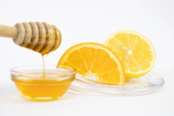 Narancs Citrom Méz Tálban Egészséges Élelmiszer — Stock Fotó