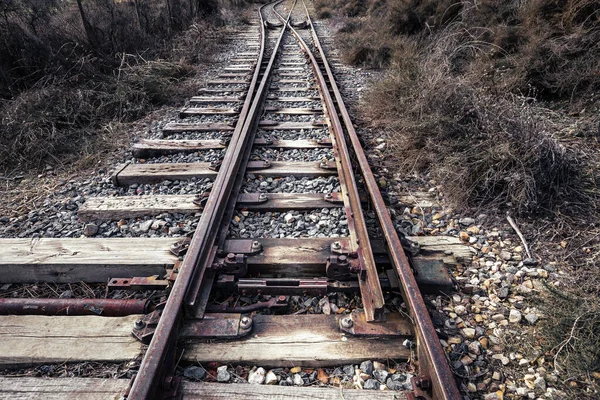 Primer Plano Las Vías Del Tren Con Traviesas Madera —  Fotos de Stock