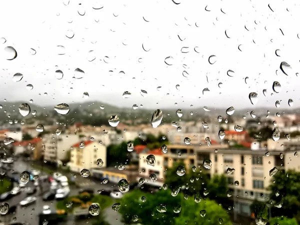 Plan Rapproché Une Fenêtre Verre Recouverte Raindorops — Photo