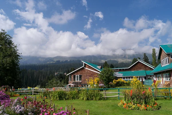 Una Vista Panorámica Una Casa Moderna Rodeada Flores Naturaleza Gulmarg — Foto de Stock