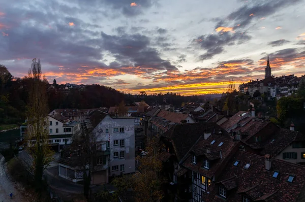 Paesaggio Paesaggistico Berna Con Vecchi Edifici Tramonto Svizzera — Foto Stock