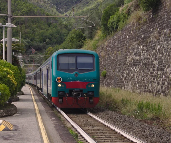 Stasyonda Yeşil Yeşil Kırmızı Bir Tren Yeşil Dağ Ormanlarının Arka — Stok fotoğraf