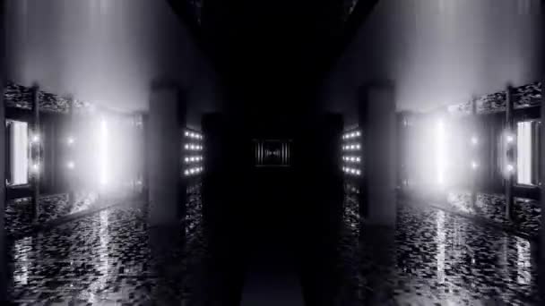 Futuristiska sci-fi rymdtunnel passagen med glödande glänsande ljus — Stockvideo