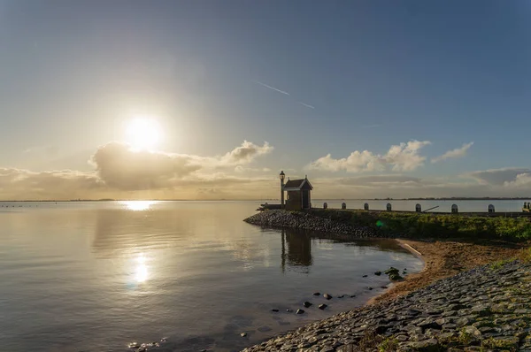 Pôr Sol Panorâmico Sobre Lago Ijsselmeer Volendam Holanda — Fotografia de Stock