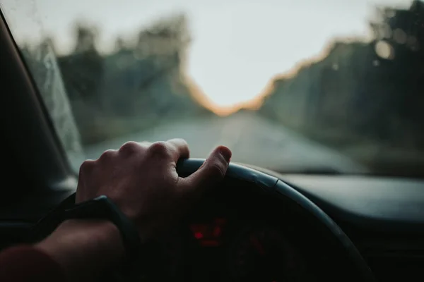 Closeup Shot Hand Steering Wheel While Driving — Stock Photo, Image