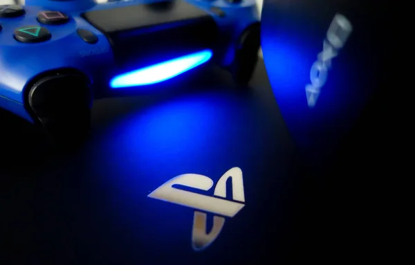 Sao Paulo Brazil May 2021 Sony Playstation Logo Illuminated Blue — 스톡 사진