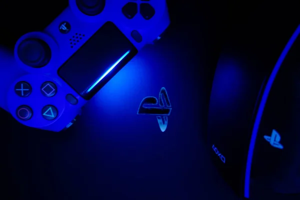 Sao Paulo Brazil May 2021 Sony Playstation Logo Illuminated Blue — 스톡 사진