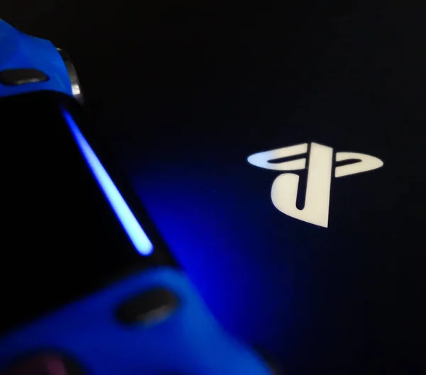 Sao Paulo Brazil May 2021 Sony Playstation Logo Illuminated Blue — 스톡 사진