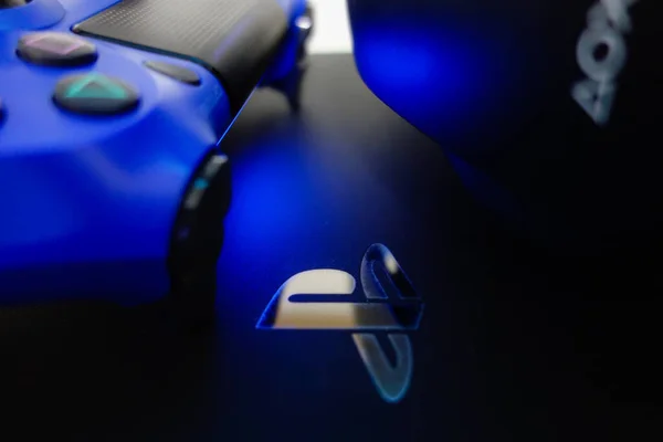 Sao Paulo Brazil May 2021 Sony Playstation Logo Illuminated Blue — 스톡 사진