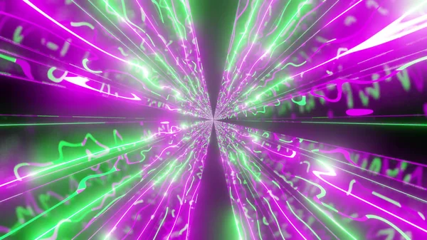 Fütürist Kaleydoskopik Desenlerin Neon Yeşil Mor Renkli Boyutlu Bir Canlandırması — Stok fotoğraf