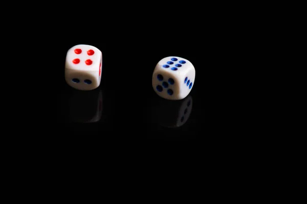 Rolling Dice Front Black Background Reflection — Stock Photo, Image