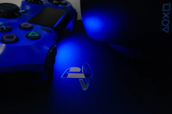 Sao Paulo Brazil Mei 2021 Sony Playstation Logo Verlicht Blauw — Stockfoto