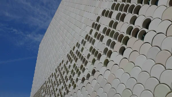 Tiro Ângulo Baixo Edifício Escritório Alto Com Uma Fachada Decorativa — Fotografia de Stock