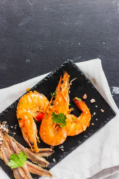 Platter Delicious Anchovies Shrimps White Napkin Dark Surface Background Copy — Stock Photo, Image