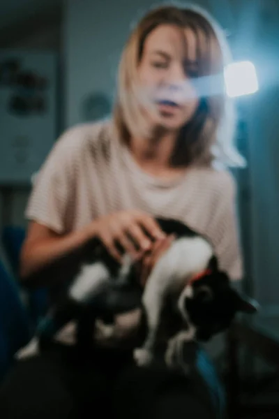 Blurry Shot Blonde Short Haired Caucasian Woman Holding Adorable Black — Stock Photo, Image