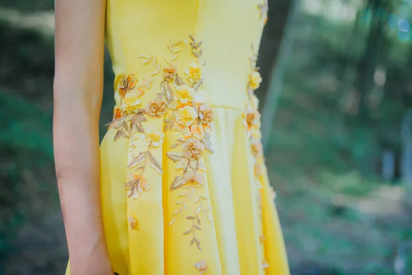 Female Gorgeous Yellow Dress Posing Park — Stock Photo, Image