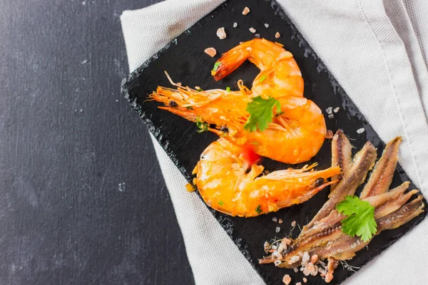 Top View Platter Anchovies Shrimps Dark Surface — Stock Photo, Image