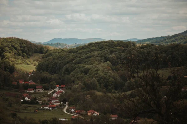 Ein Dorf Umgeben Von Sattgrünen Wäldern Unter Wolkenverhangenem Himmel — Stockfoto