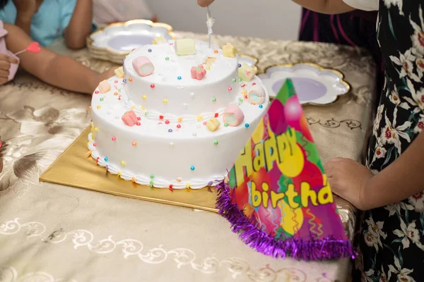 Closeup Shot Hands Cutting Colorful Birthday Cake Putting Plates — Stock Photo, Image