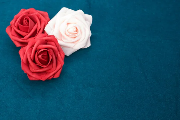 Close Flores Brancas Vermelhas Fundo Azul Escuro — Fotografia de Stock