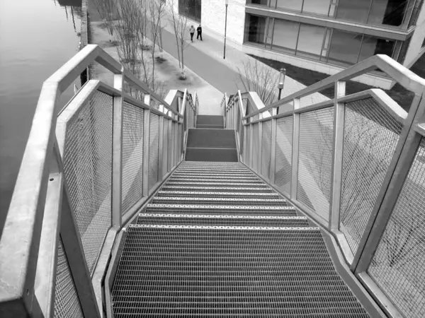 Grayscale High Angle View Metal Stairway Handrail — Stock Photo, Image