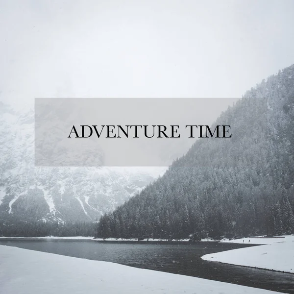 Vertical Shot Snowy Mountain Lake Adventure Time Text — Stock Photo, Image
