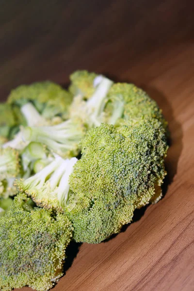 Tasty Healthy Sliced Broccoli Stock Wooden Table — Stock Photo, Image