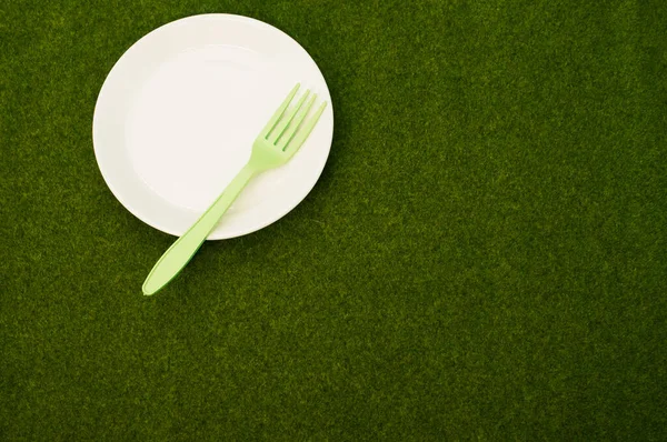 Una Vista Superior Plato Blanco Con Tenedor Plástico Verde Hierba —  Fotos de Stock