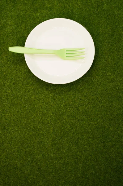 Una Toma Vertical Plato Blanco Con Tenedor Plástico Verde Hierba —  Fotos de Stock