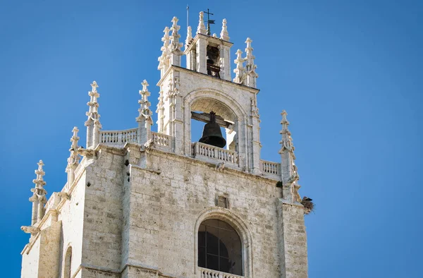 Eine Nahaufnahme Des Glockenturms Der Gotischen Kathedrale Castilla Leon Palencia — Stockfoto