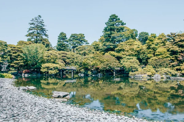 Naturskön Utsikt Över Sjö Omgiven Träd Kyoto Japan — Stockfoto